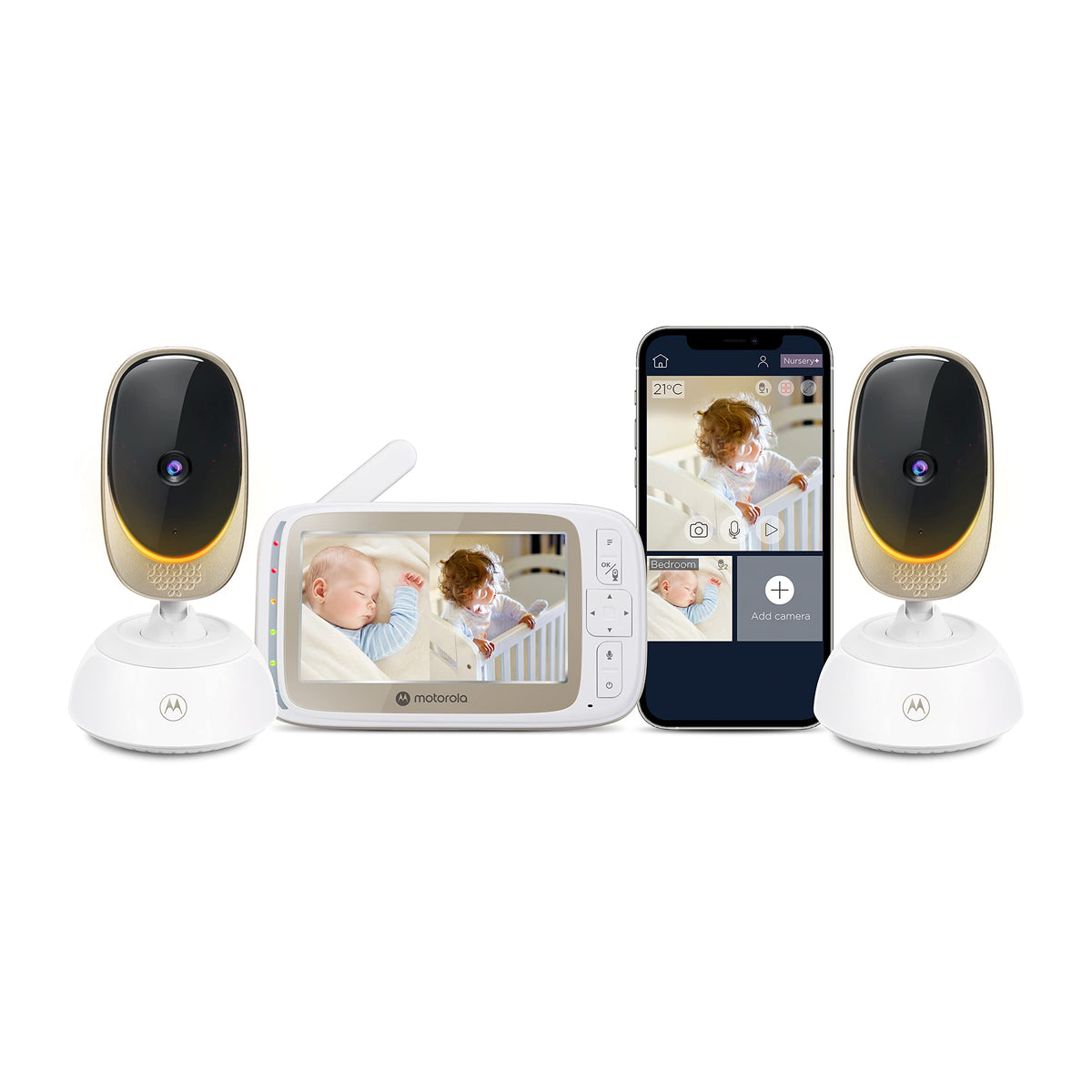 Motorola Nursery VM85-2 dual-camera monitor with remote pan and zoom for wide viewing.