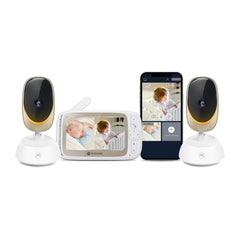 Motorola Nursery VM85-2 dual-camera monitor with remote pan and zoom for wide viewing.