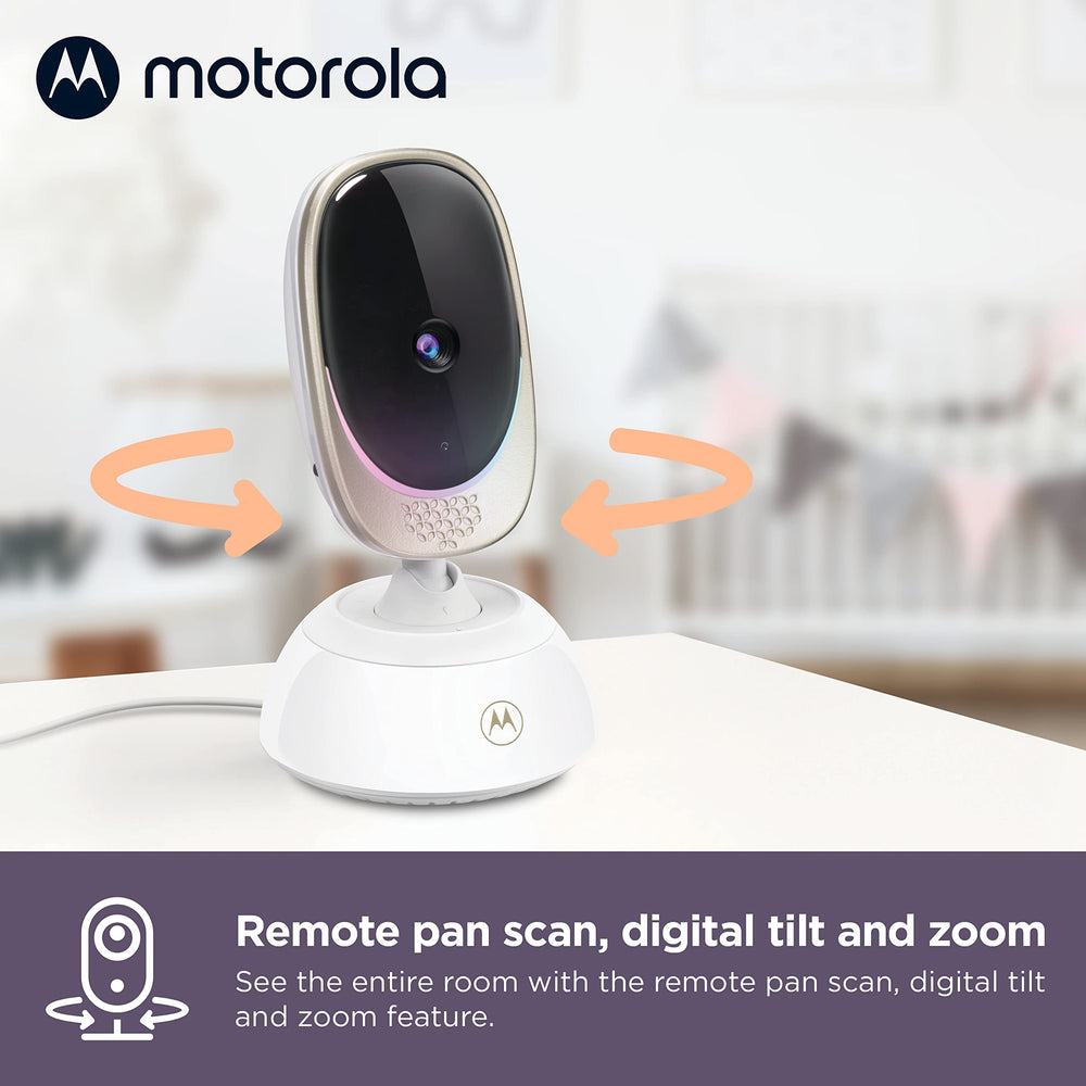 Motorola Nursery VM85 HD camera with remote pan-tilt-zoom for full-room visibility.