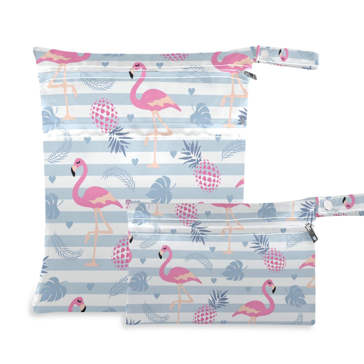 Moudou Flamingo wet dry bag big open showing separate wet and dry compartments for organized travel.