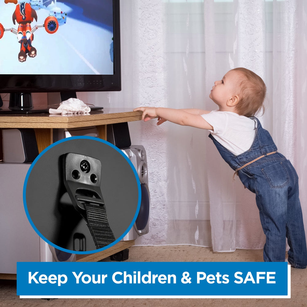 Mount-It! safety straps wall anchoring demonstrates stabilizing TV and furniture against tipping.