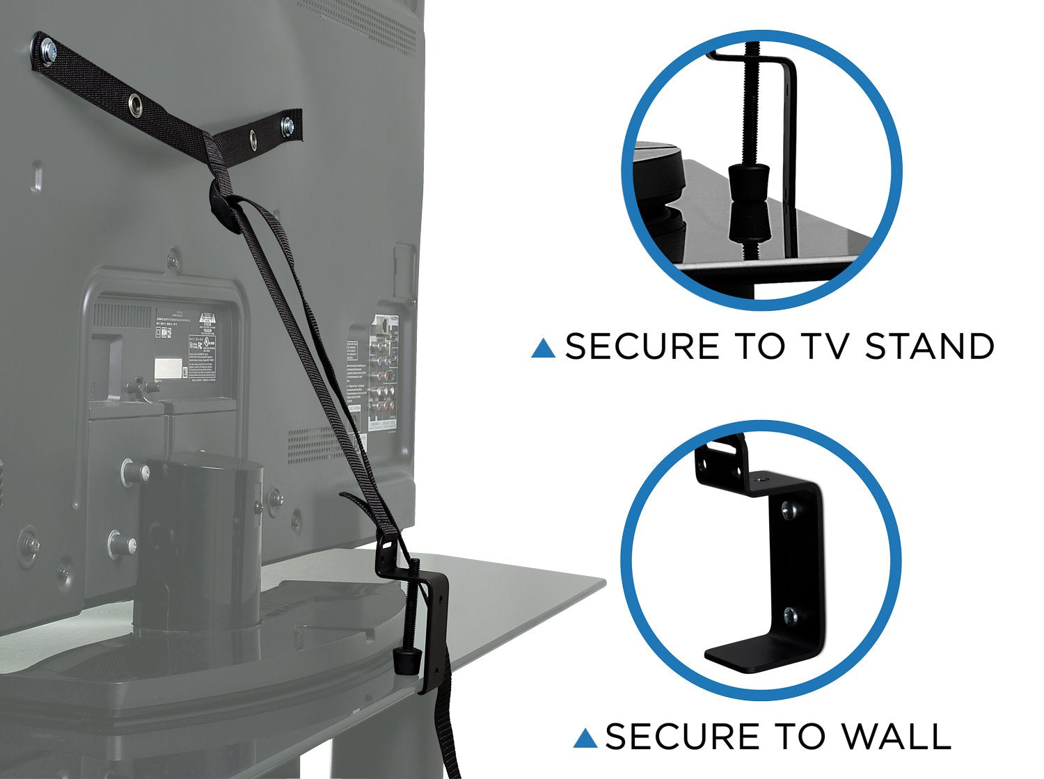 Mount-It TV safety strap wall mount attachment stabilizing the TV setup