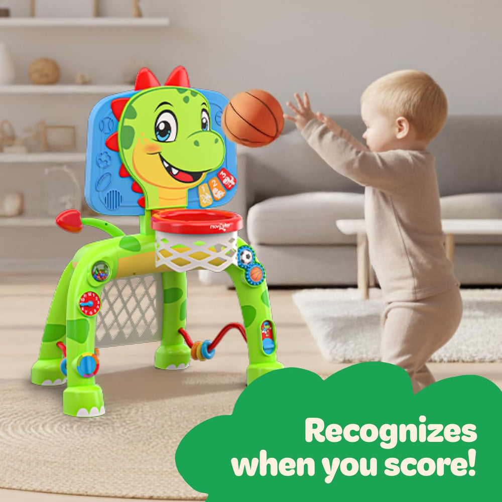Move2Play dino buttons and lights – sensory exploration and cause-and-effect learning.