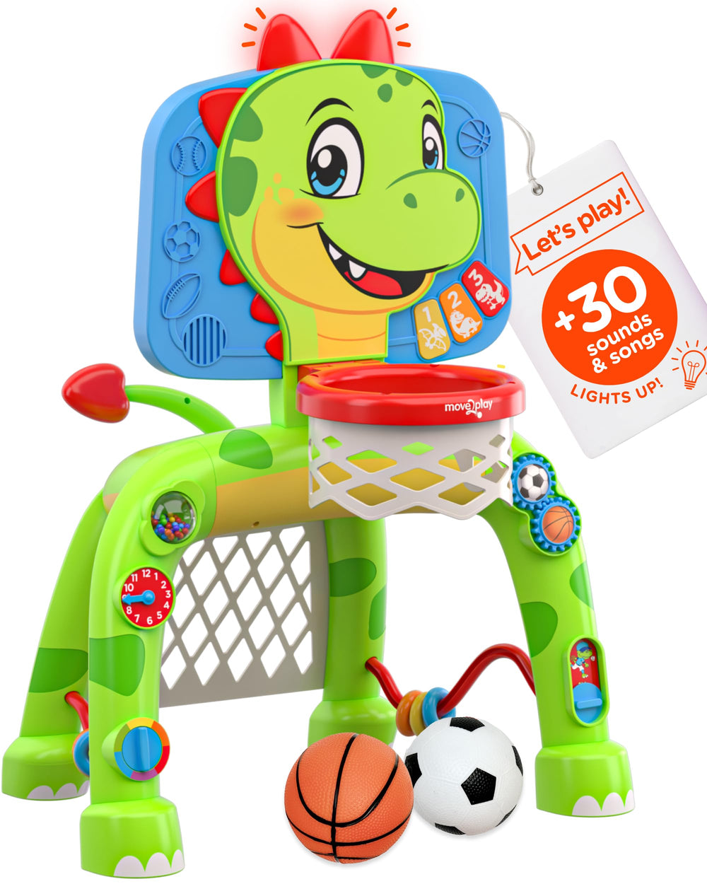 Move2Play dinosaur activity center – interactive features boost toddler play and coordination.