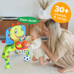 Move2Play dinosaur hoop shot – toddlers practice aiming with basketball play.