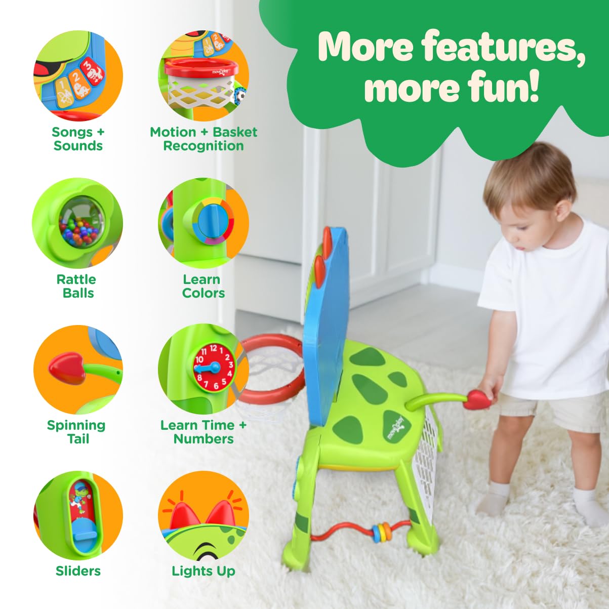 Move2Play dinosaur soccer goal – supports active play and kicking practice.