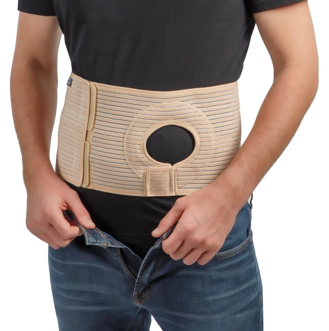 Movibrace ostomy belt with adjustable opening around the stoma for a secure fit.