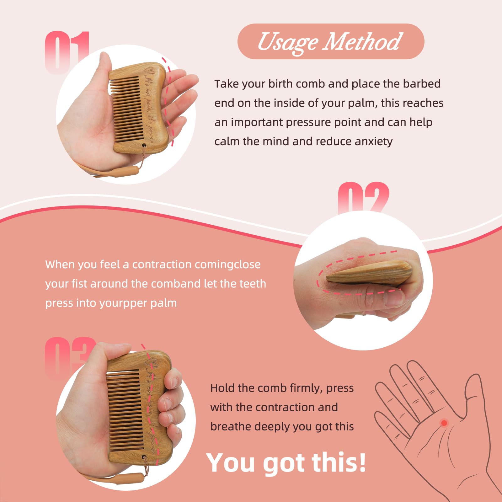 Mowawa sandalwood birthing comb in use during labor for gentle support.