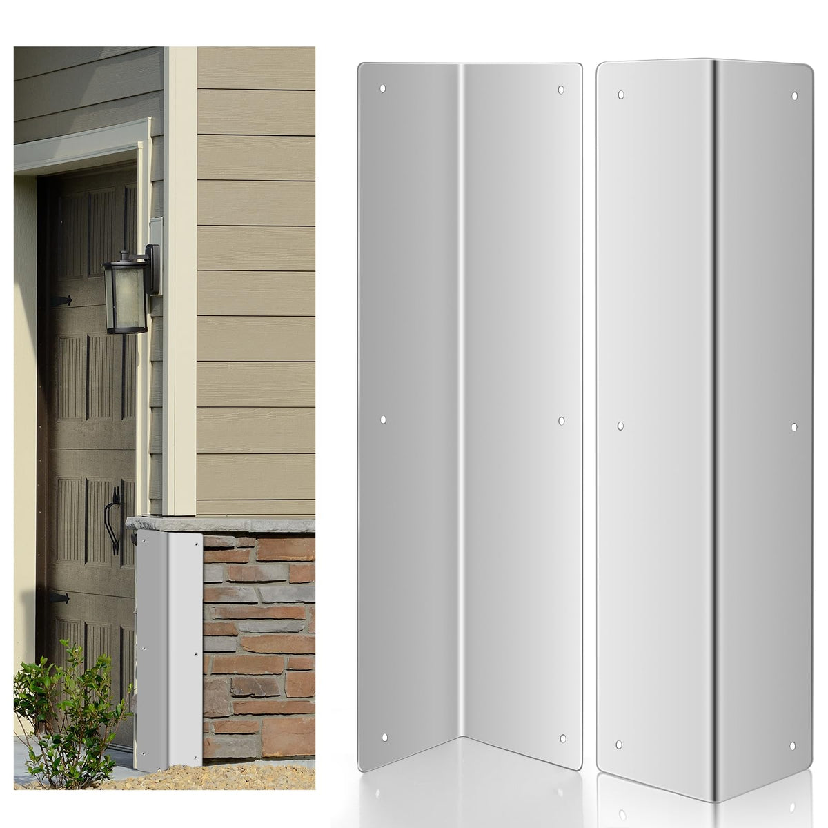 Moxweyeni stainless steel corner guards protecting a vinyl siding corner with 89-degree fit.