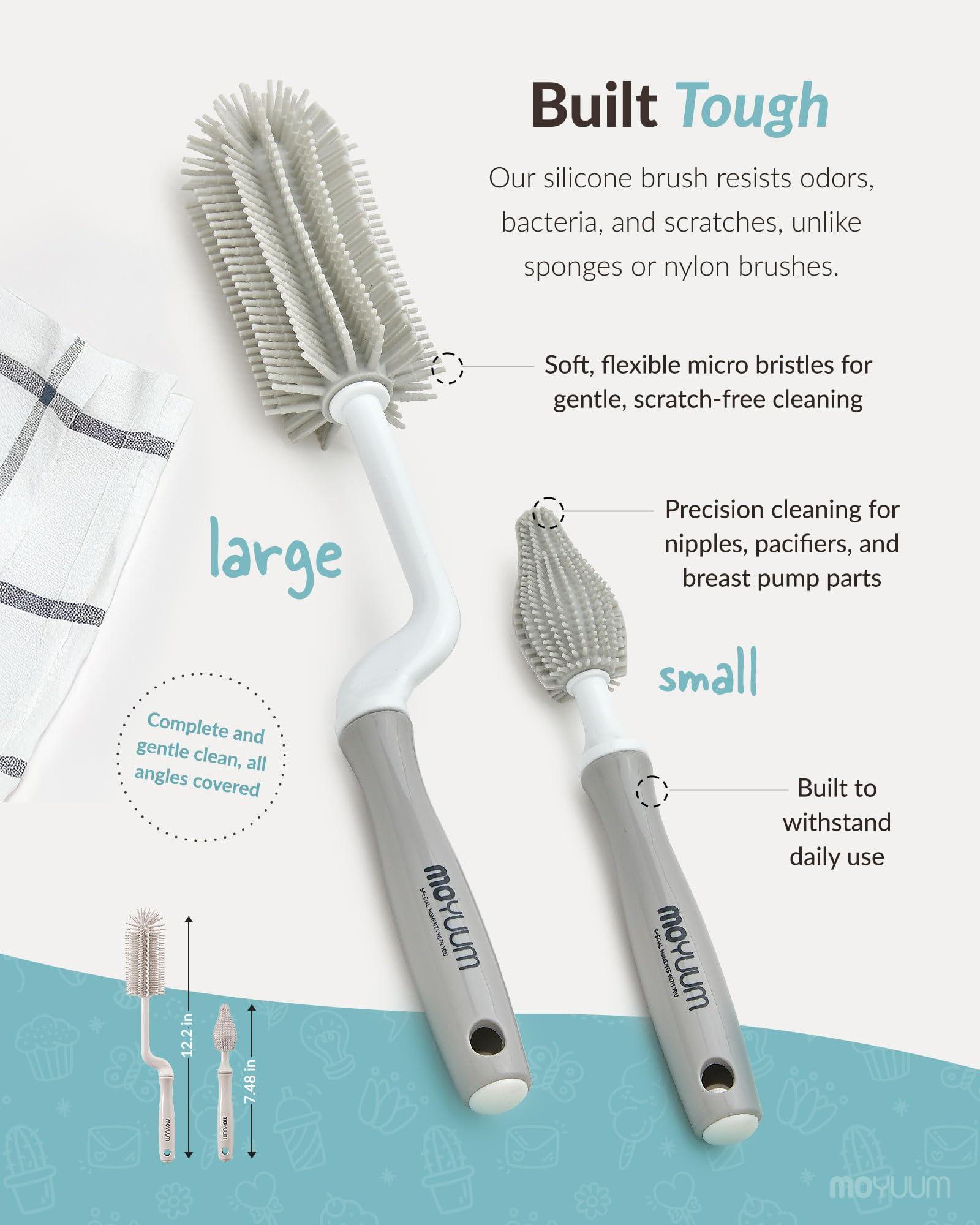Moyuum dual-brush set shown for bottles and nipples, complete cleaning