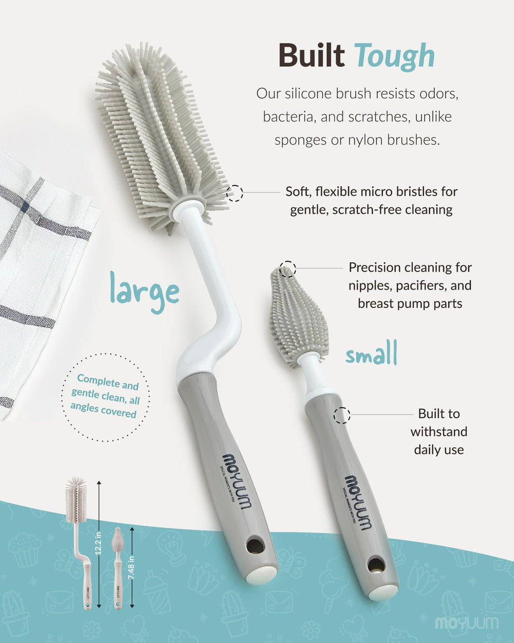 Moyuum dual-brush set shown for bottles and nipples, complete cleaning