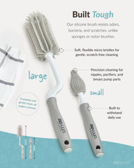 Moyuum dual-brush set shown for bottles and nipples, complete cleaning