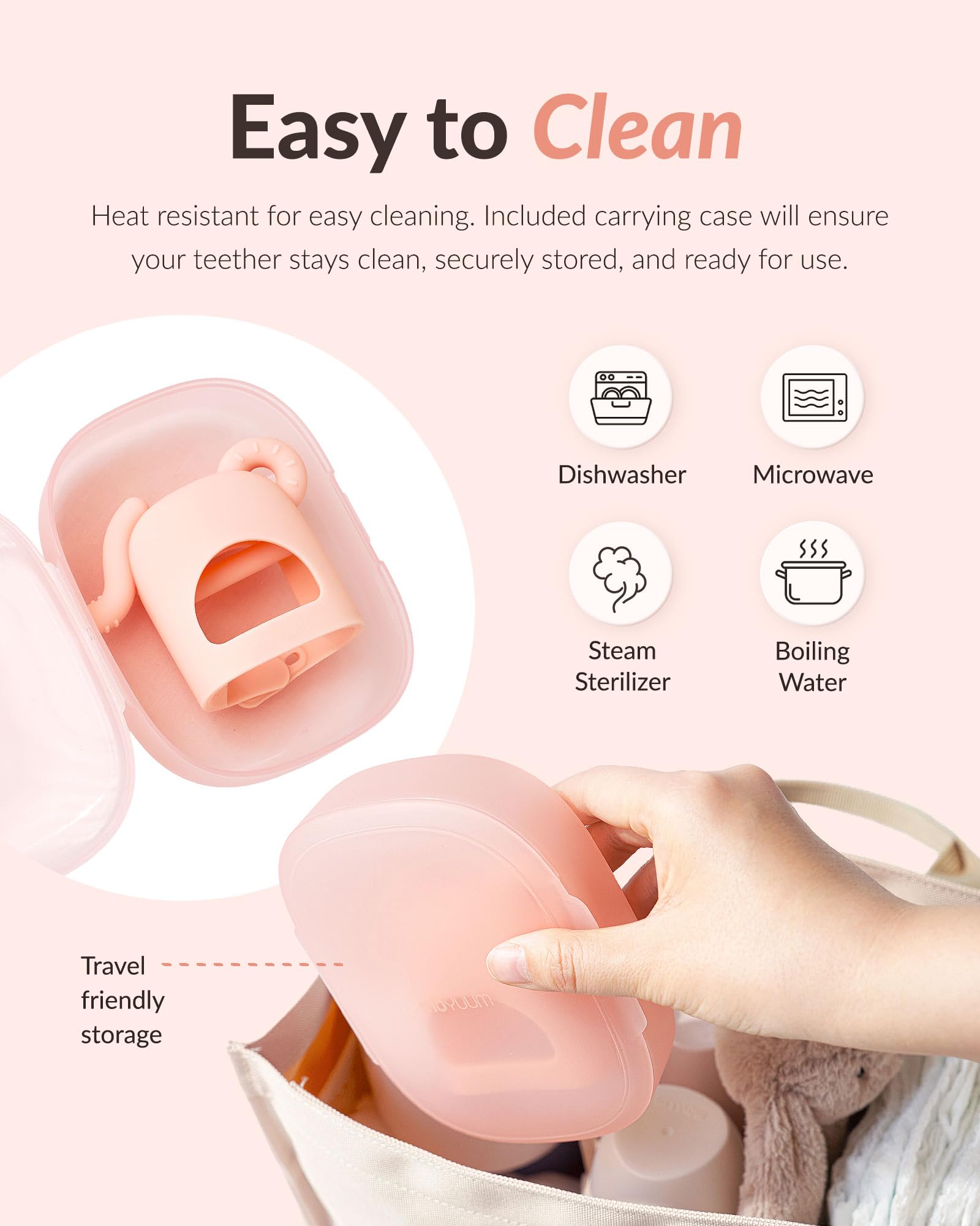 MOYUUM elephant teether with carrying case for travel and clean storage.