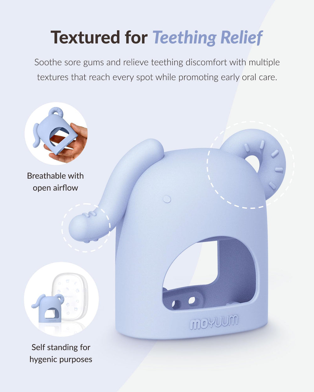 MOYUUM textured silicone teether provides varied textures for gum massage.