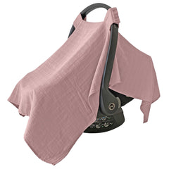MOZAH muslin baby car seat cover pale mauve, breathable and versatile.
