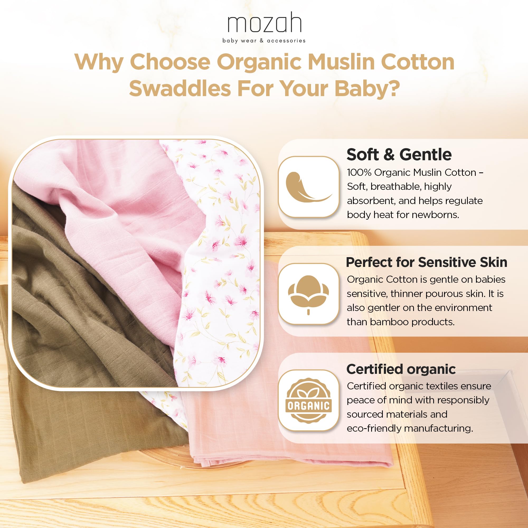 Mozah Organic Muslin Swaddle Blanket fabric closeup, organic cotton softness.