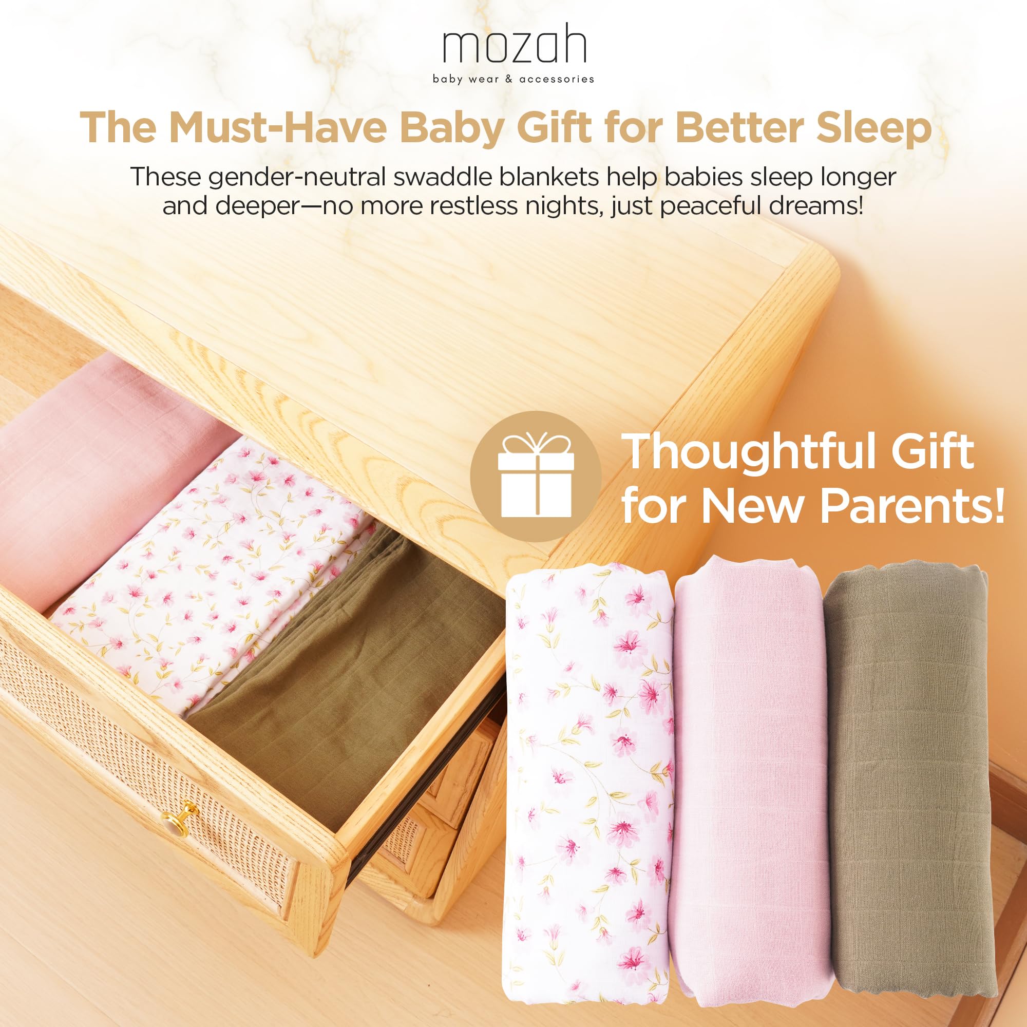 Mozah Organic Muslin Swaddle Blanket pack shot, versatile from swaddle to security blanket.