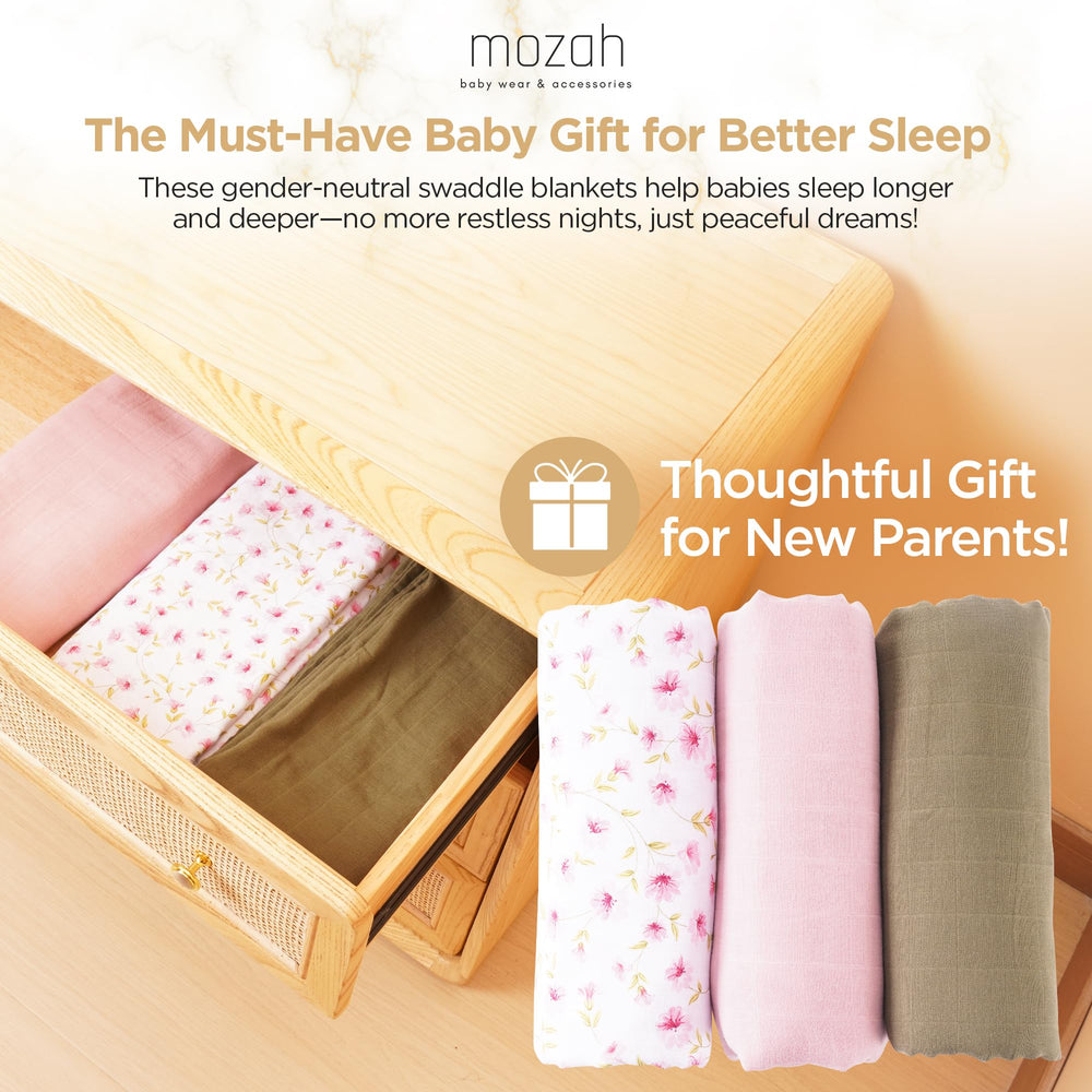 Mozah Organic Muslin Swaddle Blanket pack shot, versatile from swaddle to security blanket.