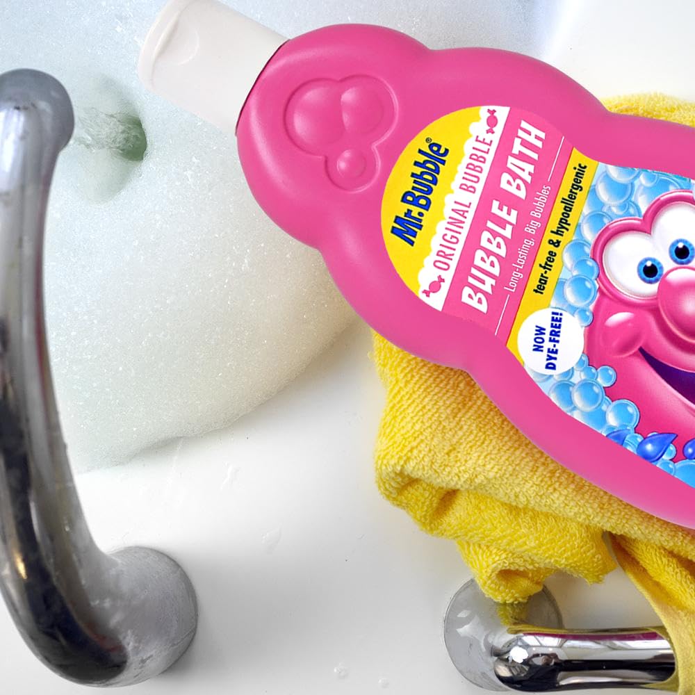 Happy family bath time scene with Mr. Bubble for babies and kids.