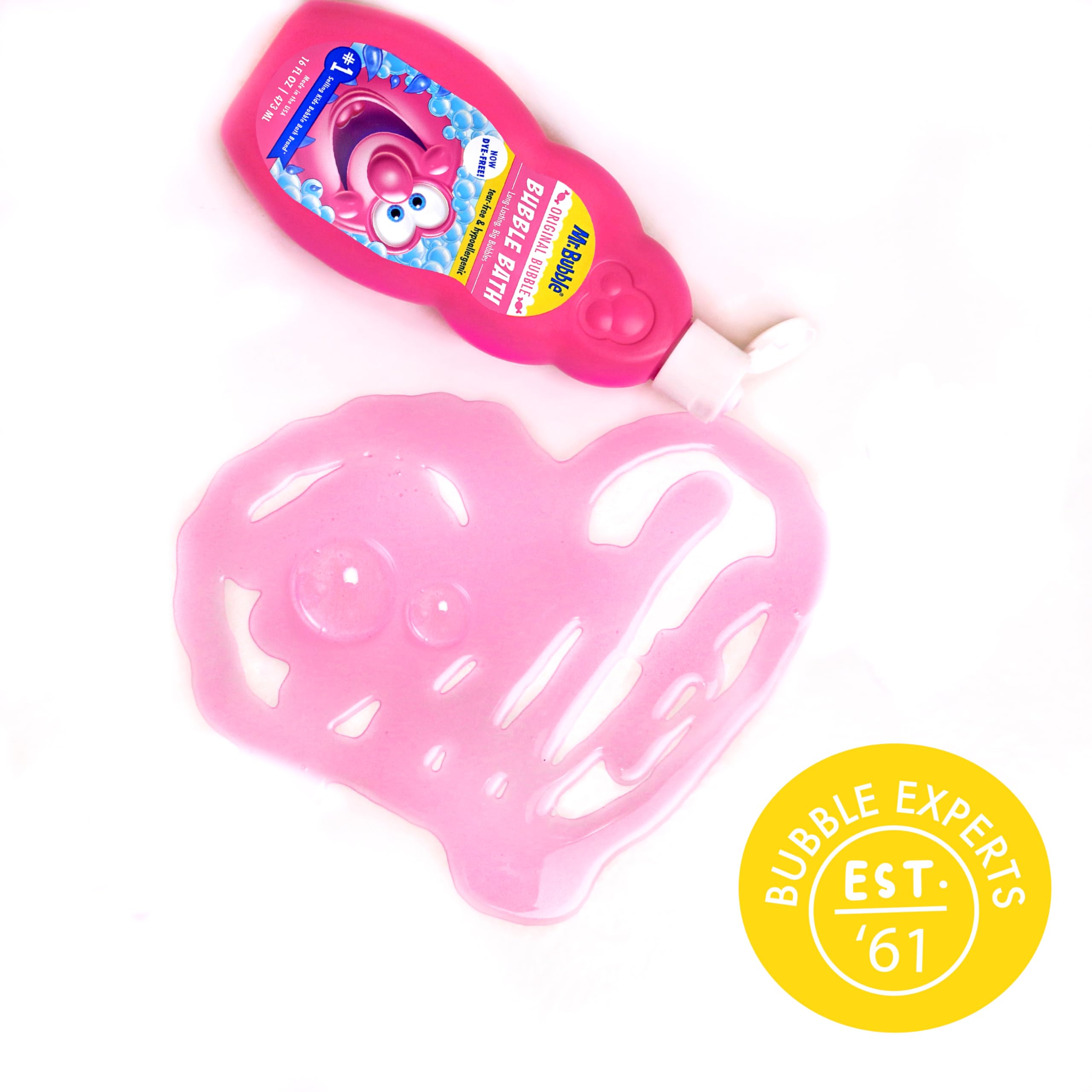 USA-made Mr. Bubble bottle displayed beside a relaxing bath setup.