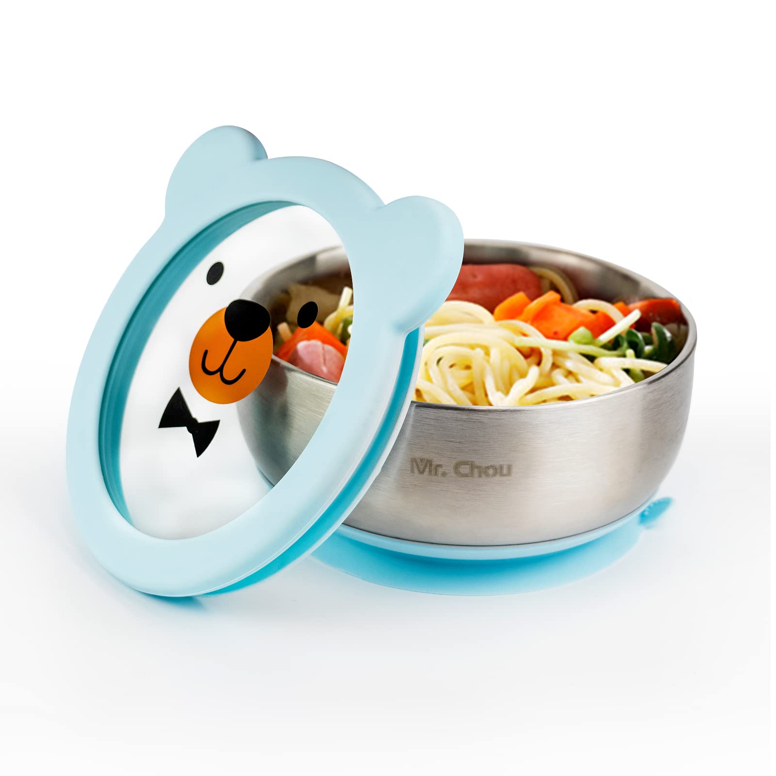 MR. CHOU baby bowls with suction base on a smooth tray prevent spills during meals.