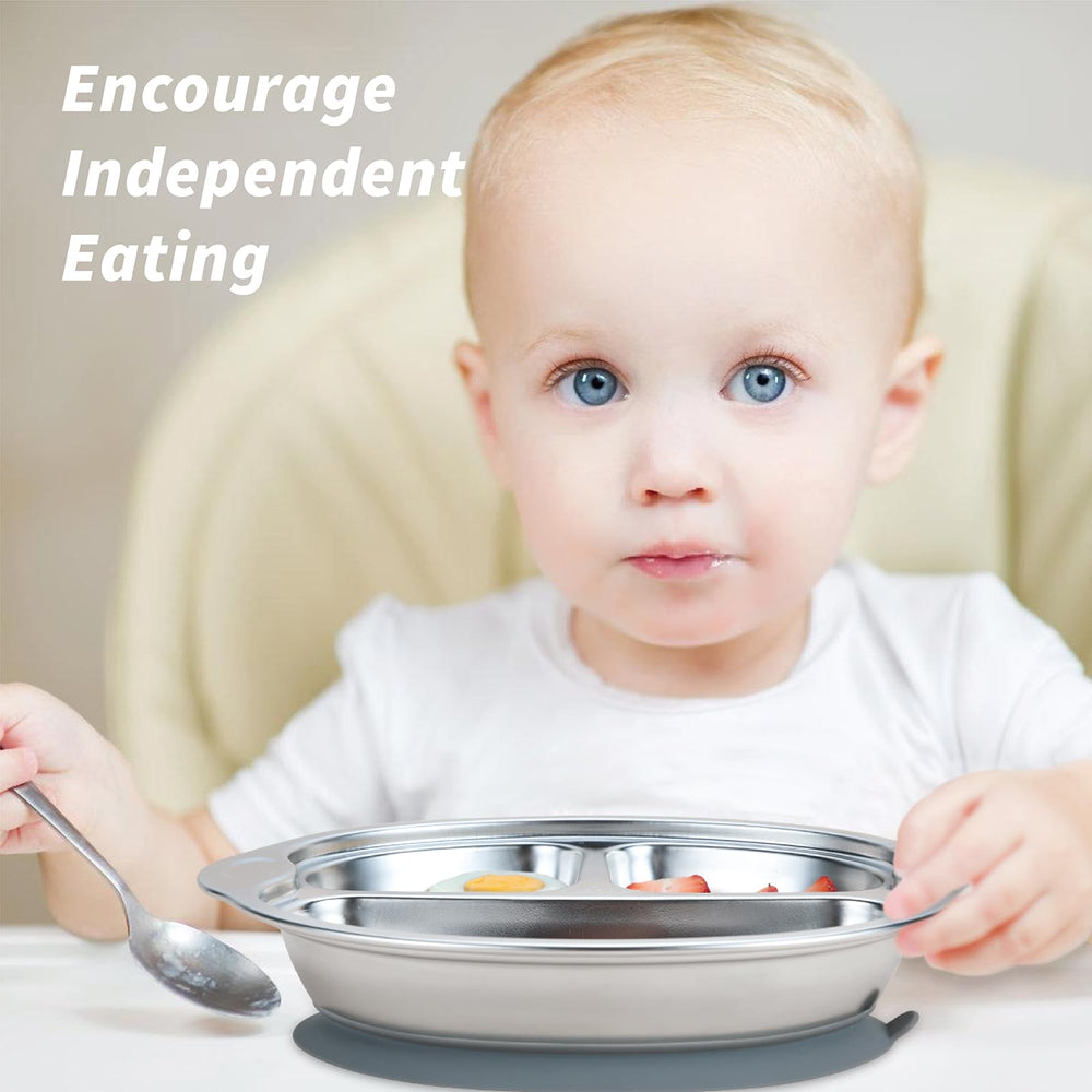 MR. CHOU gray-toned plate complements modern high-chair setups.