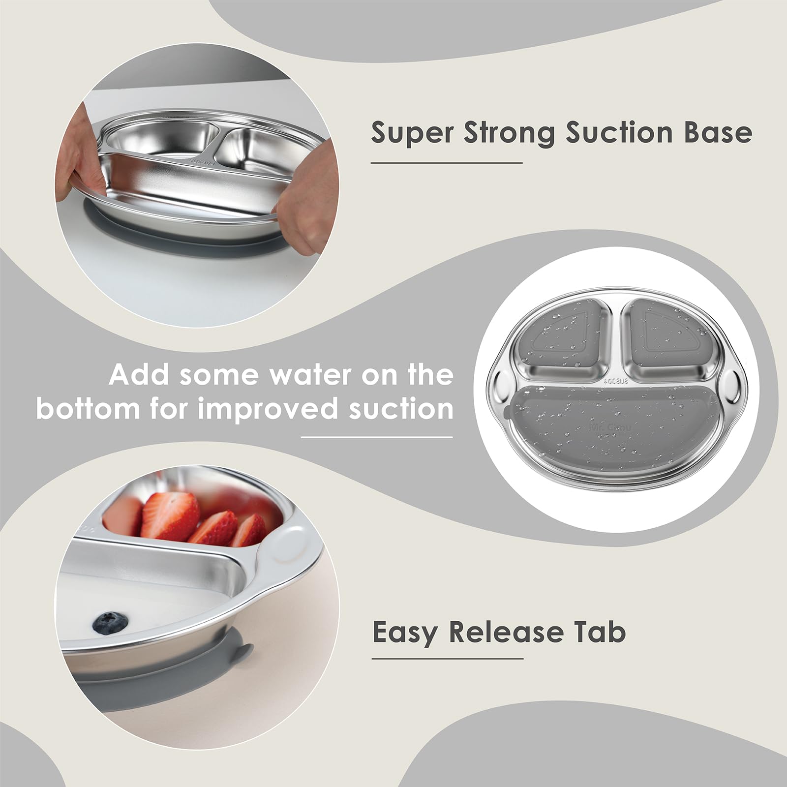 MR. CHOU stainless steel baby plate offers durable, safe everyday use.