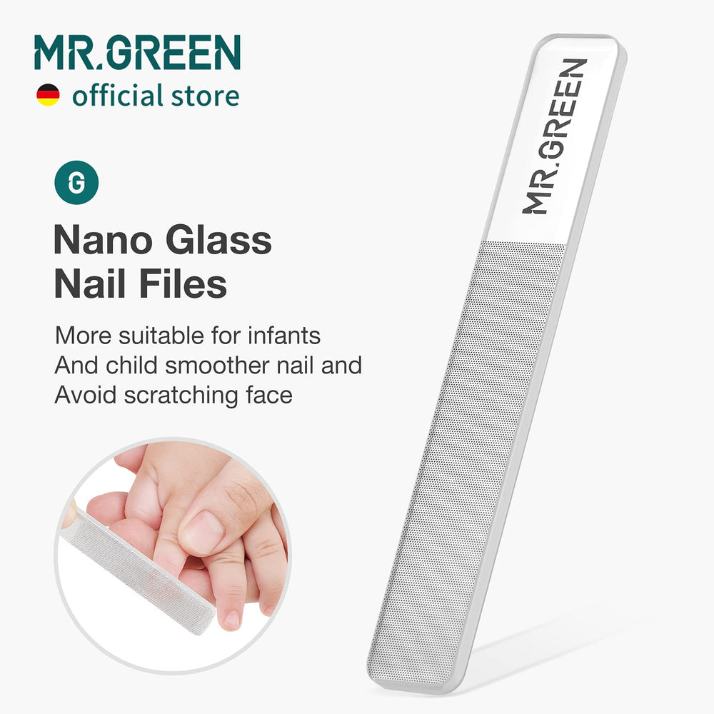 MR.GREEN nail care set includes clipper and glass file for smooth edges.