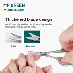 MR.GREEN nail scissors with eight-degree curve blade for better visibility.
