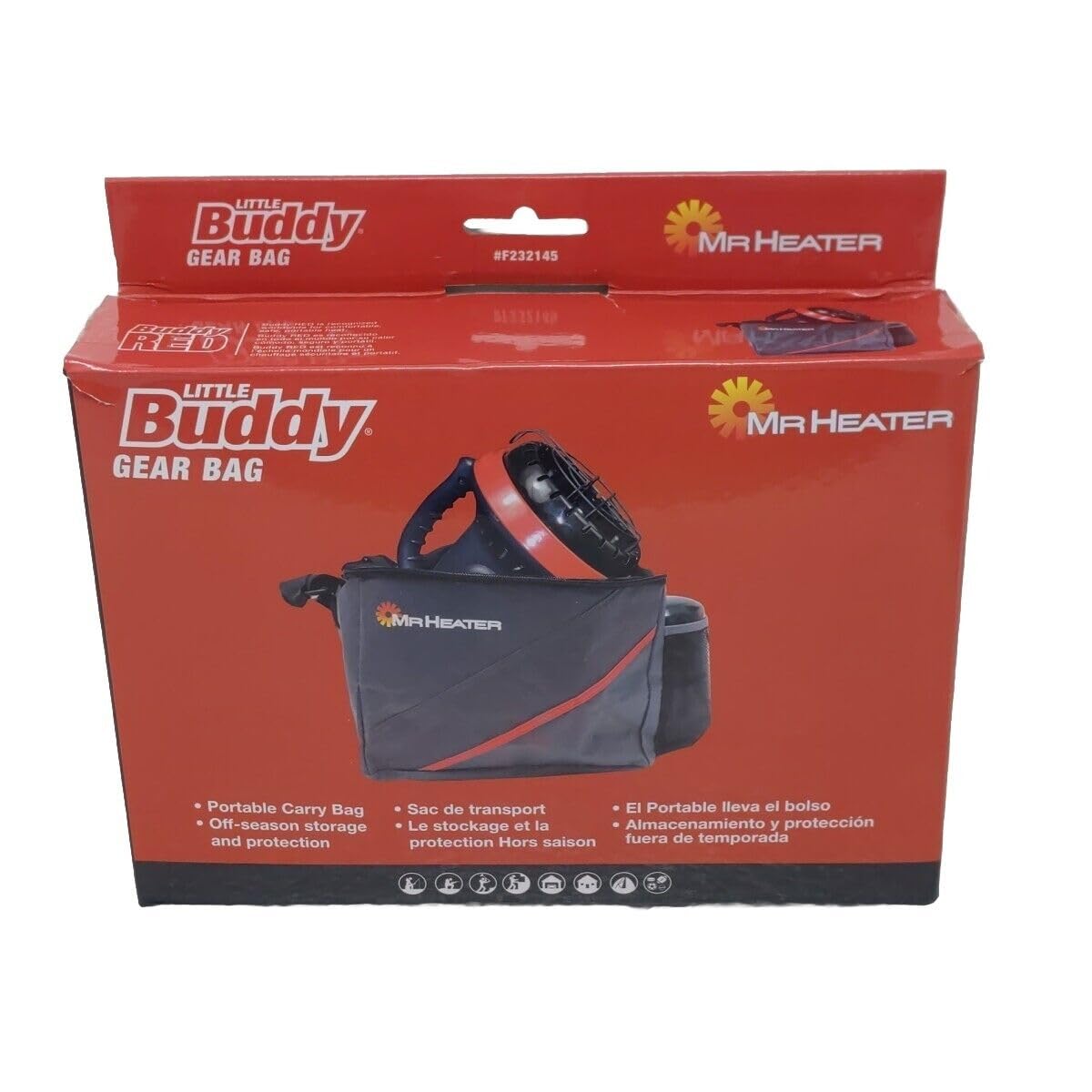 Mr. Heater Little Buddy carry bag front view with a padded handle for easy transport.