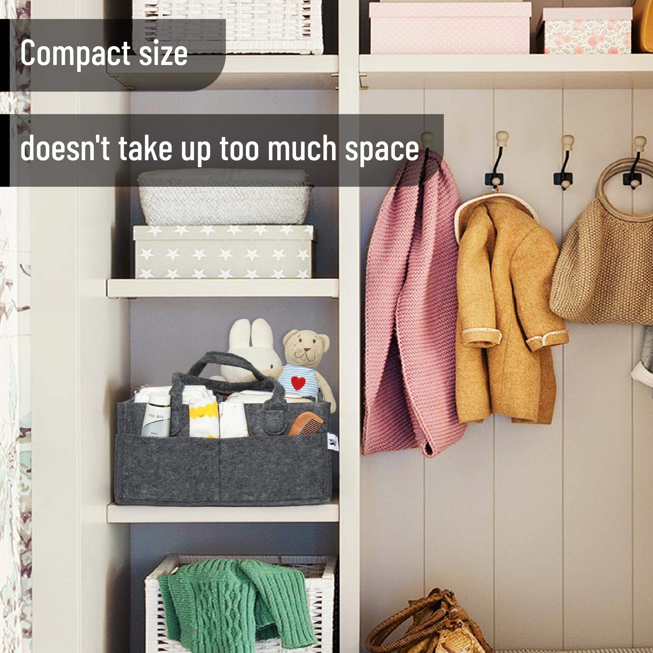Charcoal gray color blends with nursery decor and reduces visible clutter.