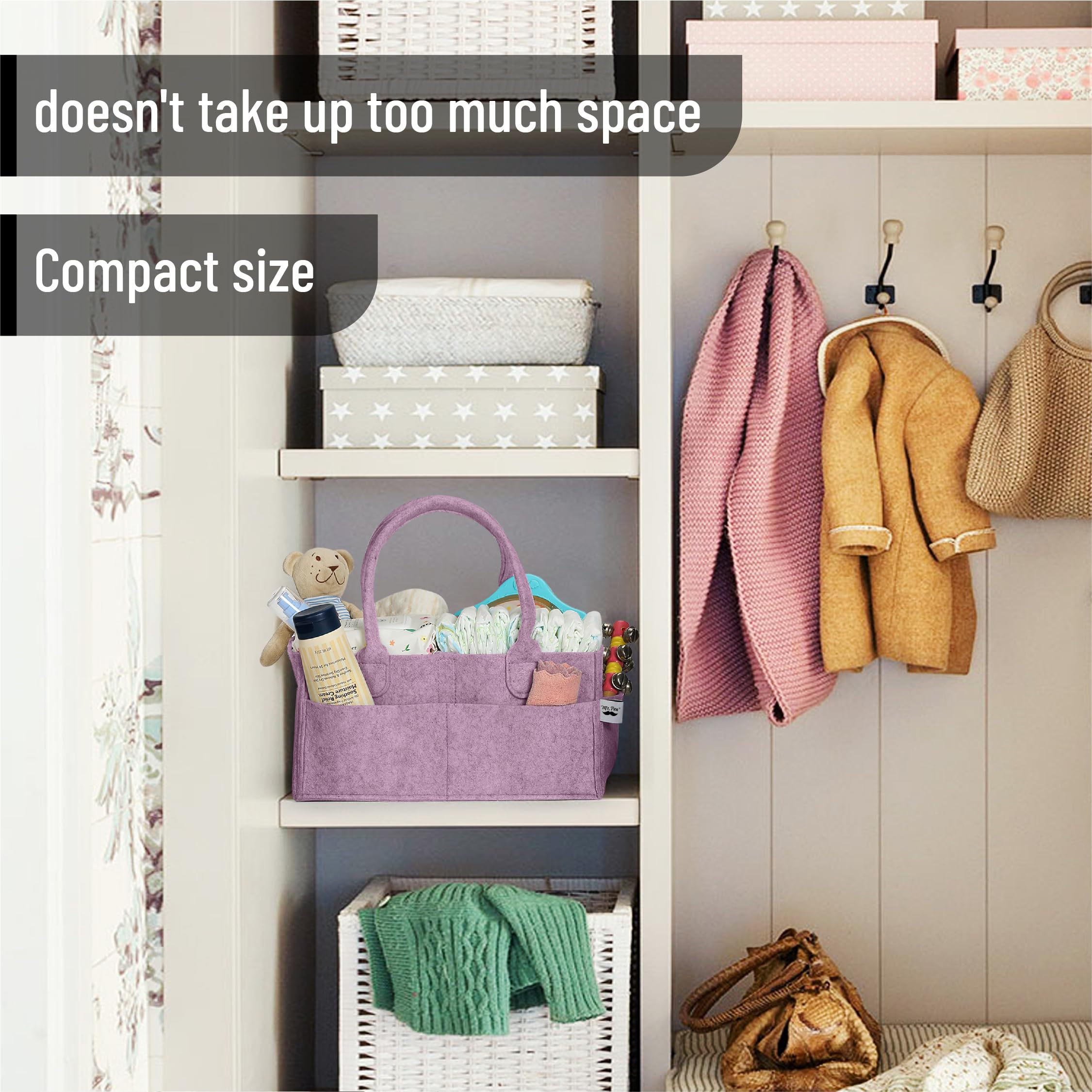 Mr. Pen organizer doubles as toy and book storage for a tidy nursery.