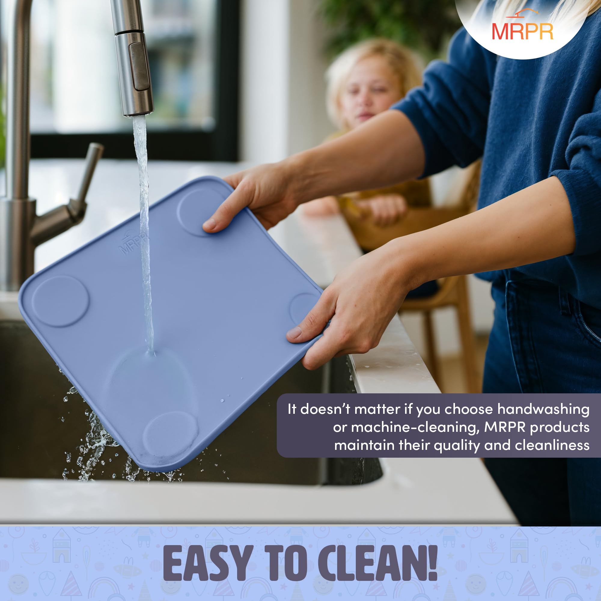 MRPR silicone suction placemat is dishwasher-safe for quick cleanup after snacks.