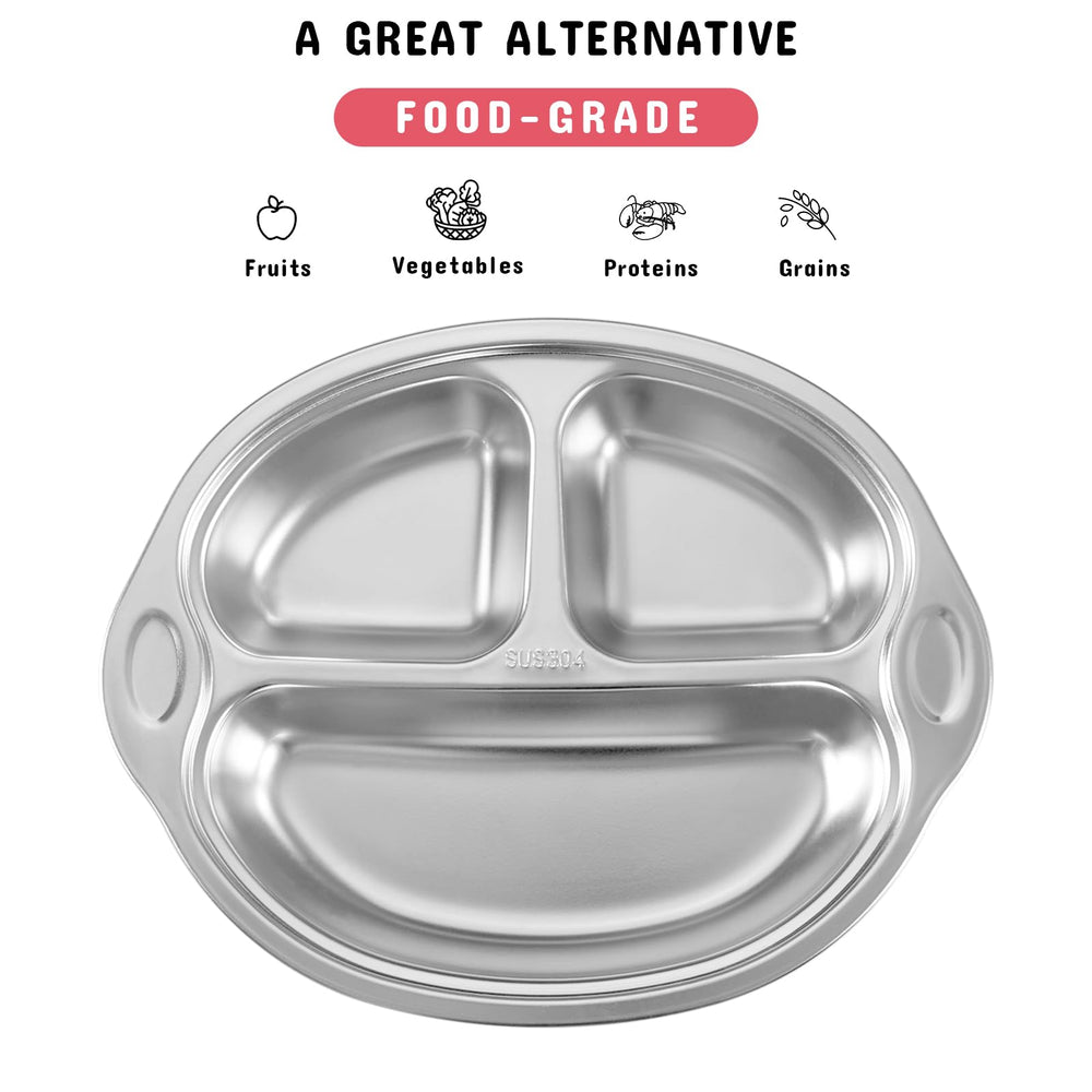 Mrs. Chou stainless steel baby suction plate close-up showing rounded safety edges.