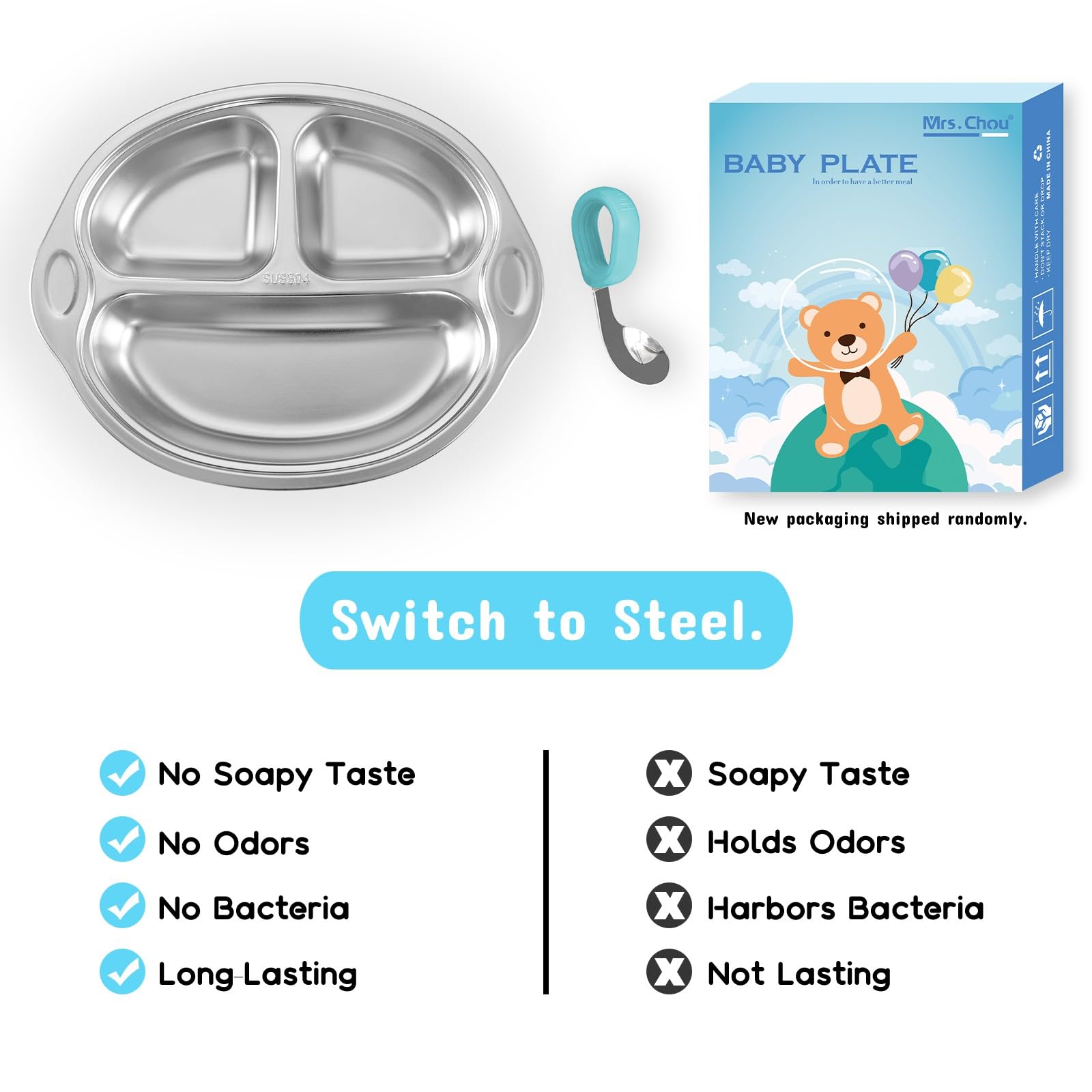 Mrs. Chou deep plate design contains portions and reduces spills.