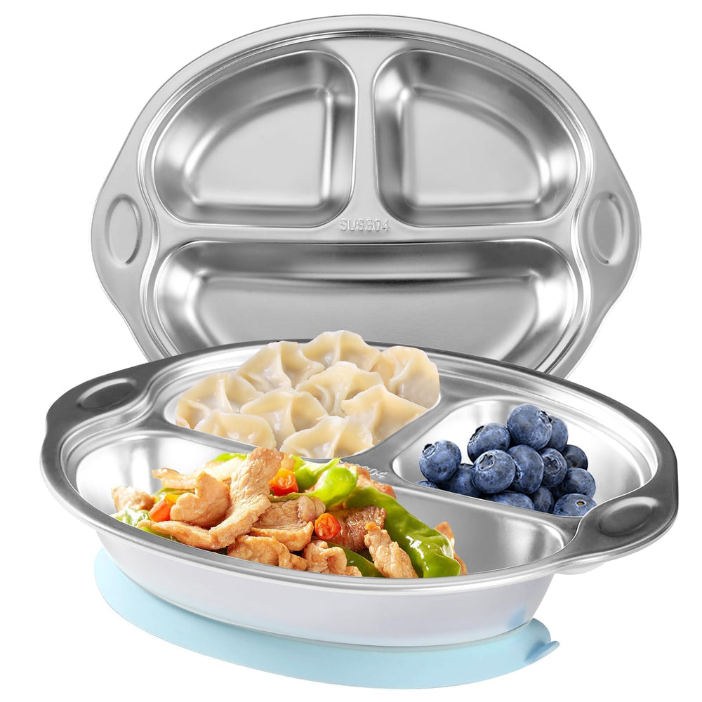 Mrs. Chou stainless steel kids plates with suction base for mess-free meals.
