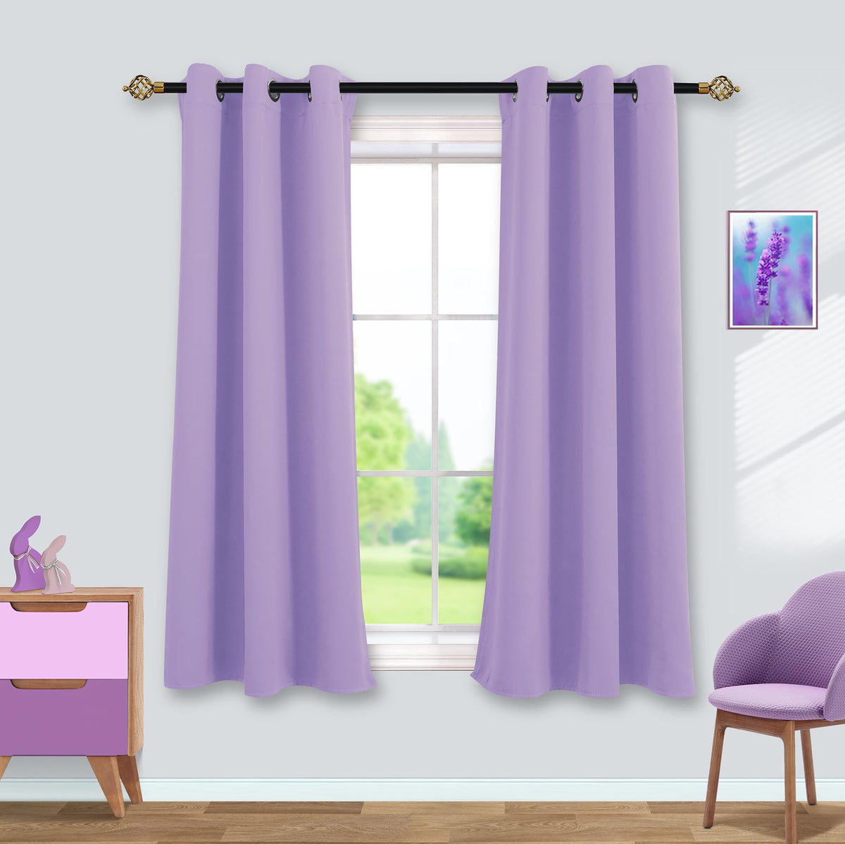 Mrs.Naturall light purple curtains front view, two-panel setup for kids room