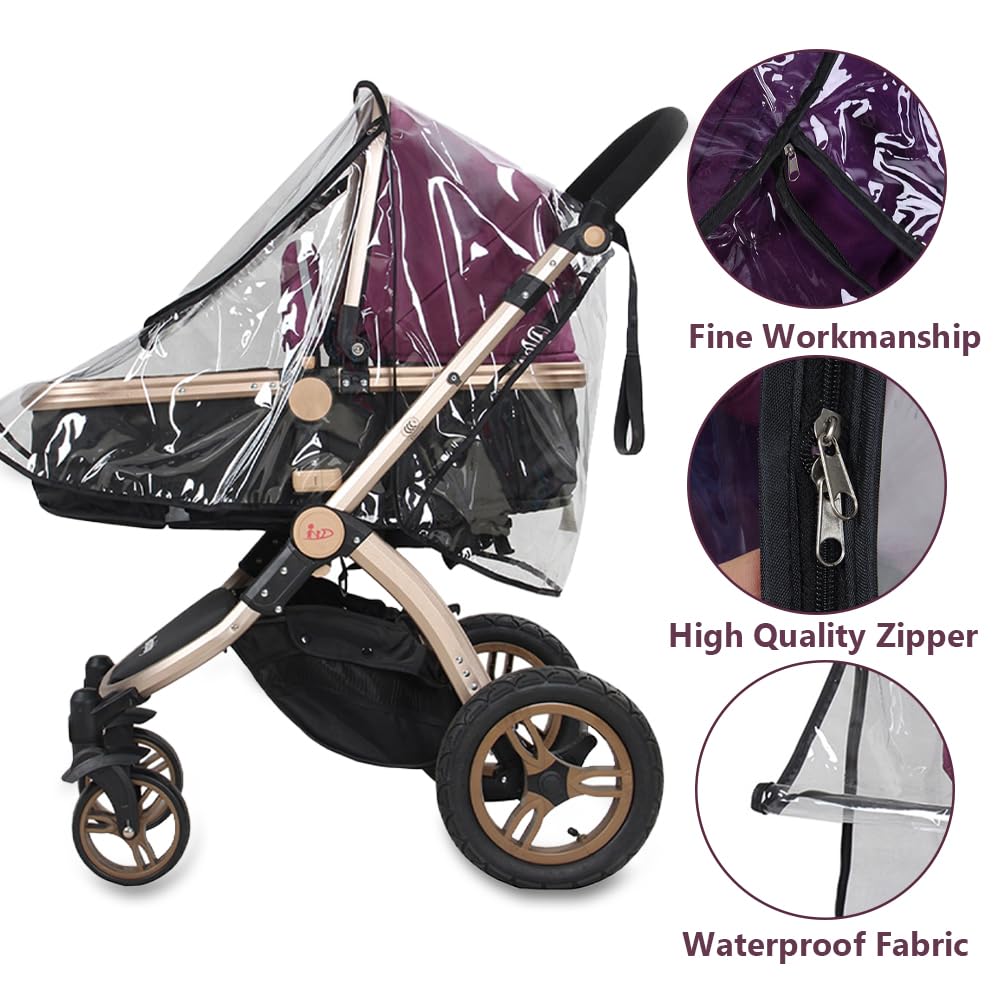 Msiud rain cover showing full-length zipper for quick access to baby.