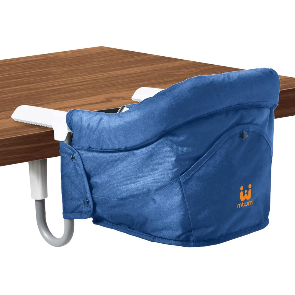 MTWML portable high chair attached to table with secure clamp for travel-friendly feeding.