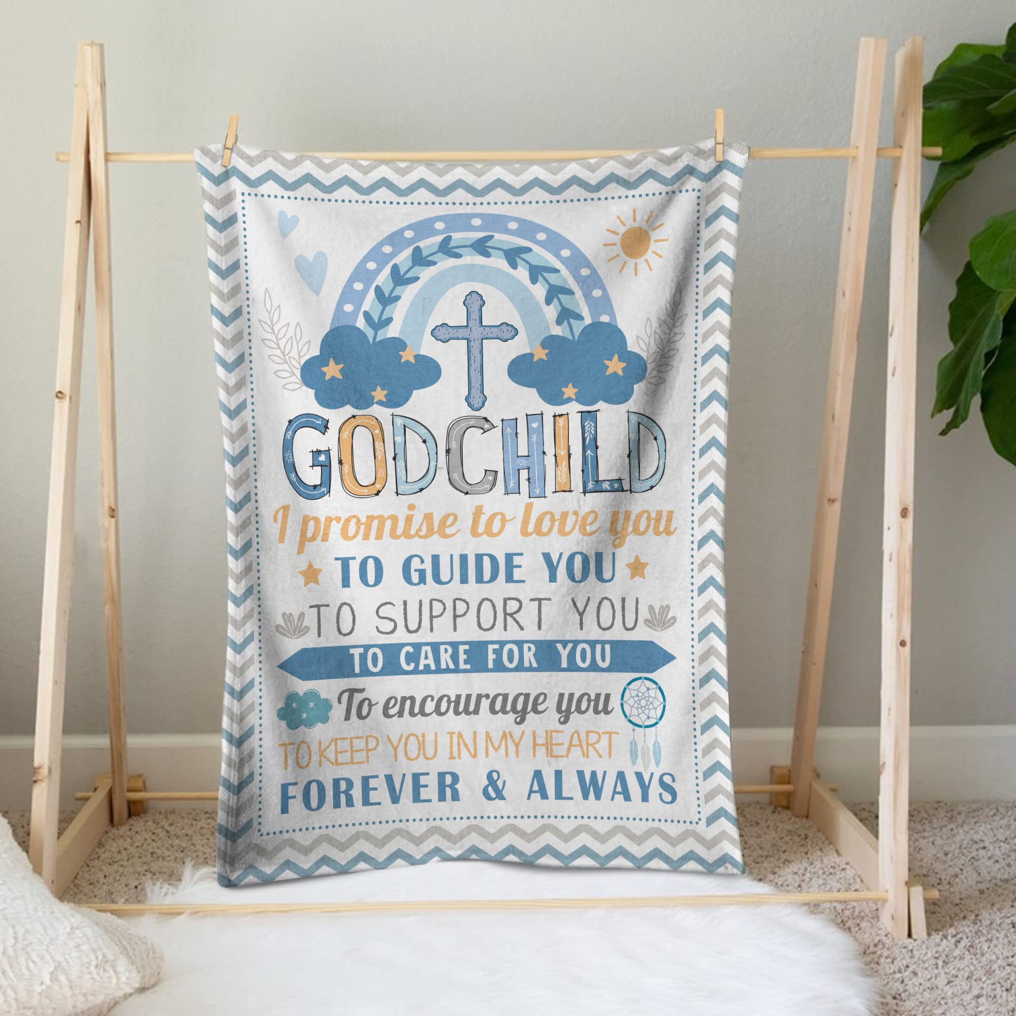 Muchnee Baptism blanket displayed in a living room on a 60x50 setup.