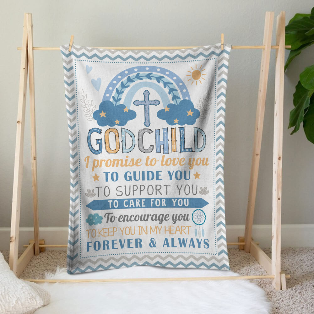 Muchnee Baptism blanket displayed in a living room on a 60x50 setup.