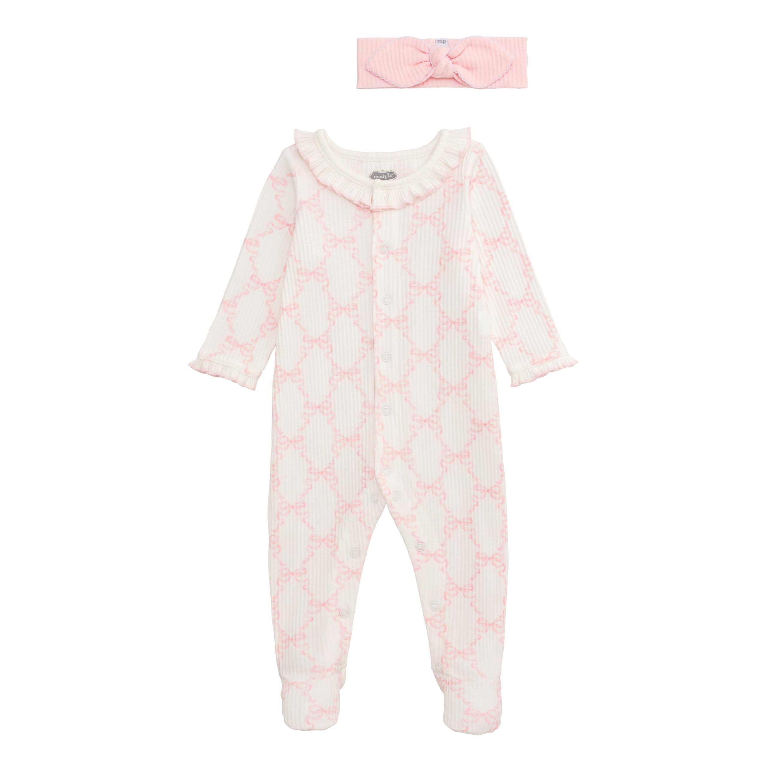 Mud Pie bow print sleeper pink, soft cotton blend for comfortable naps and night sleep.