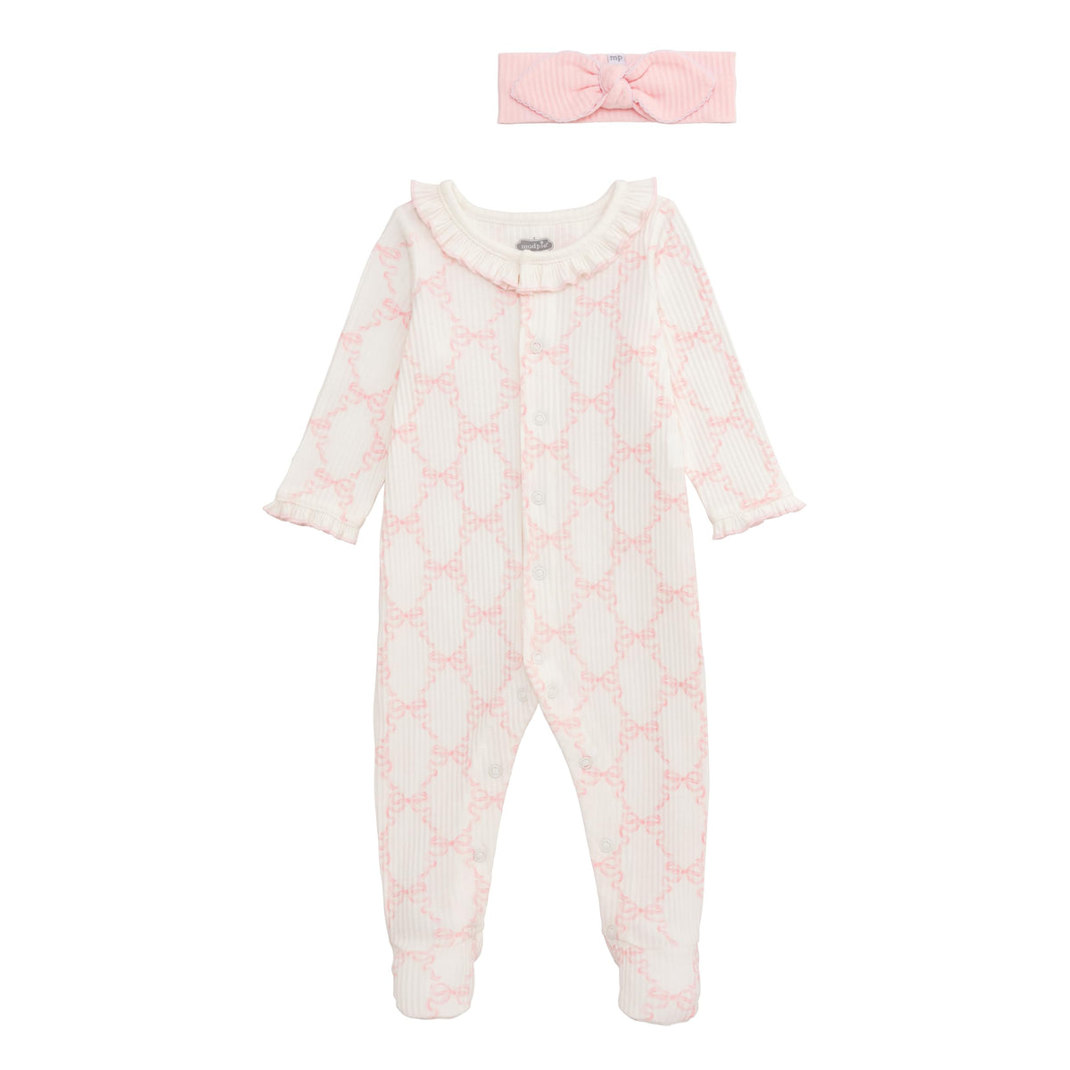 Mud Pie bow print sleeper pink, soft cotton blend for comfortable naps and night sleep.