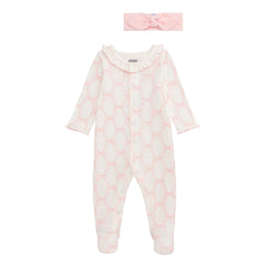 Mud Pie bow print sleeper pink, soft cotton blend for comfortable naps and night sleep.