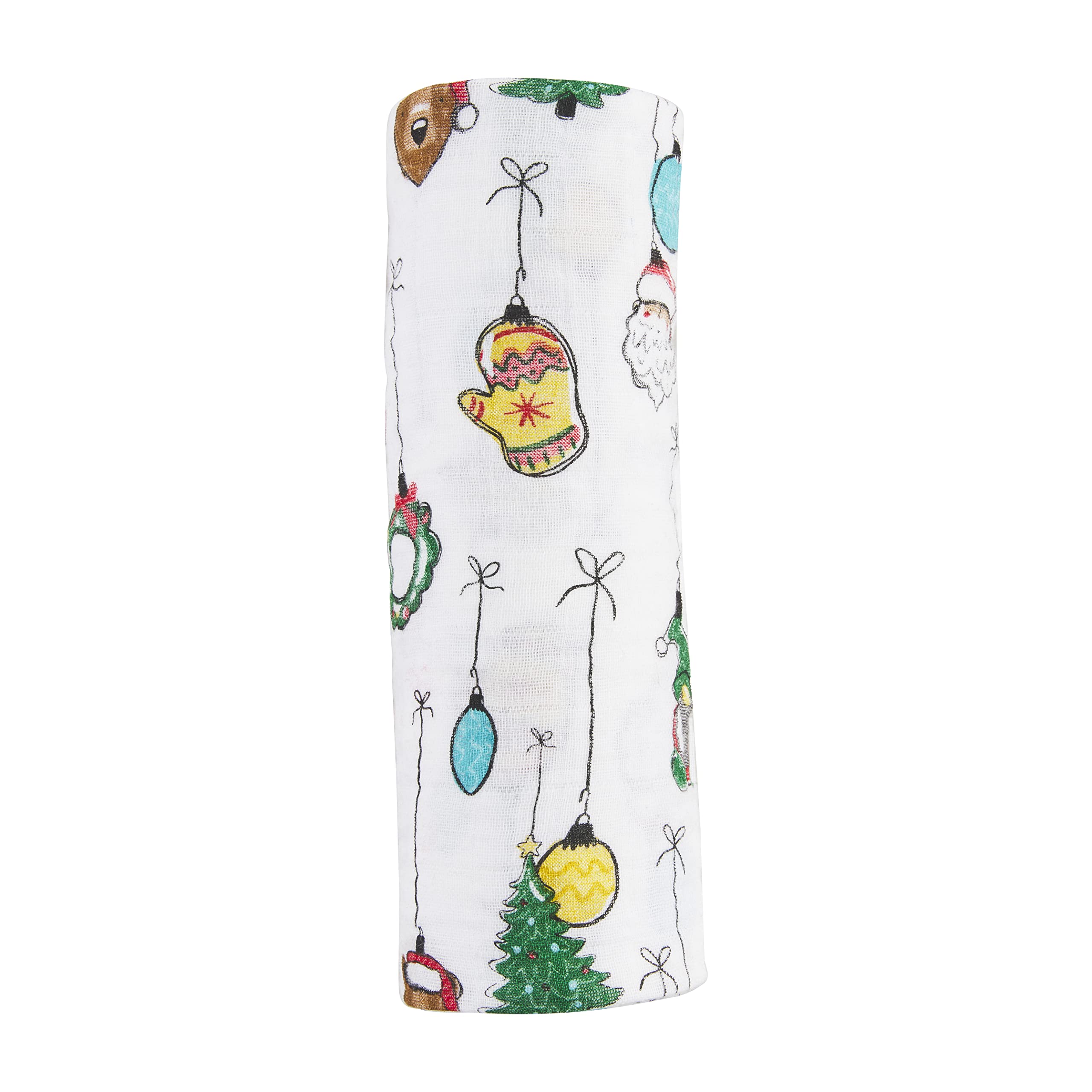 Mud Pie baby swaddle blanket with white Christmas ornament pattern; soft and breathable for newborns.