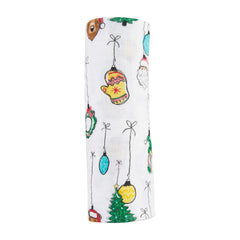 Mud Pie baby swaddle blanket with white Christmas ornament pattern; soft and breathable for newborns.
