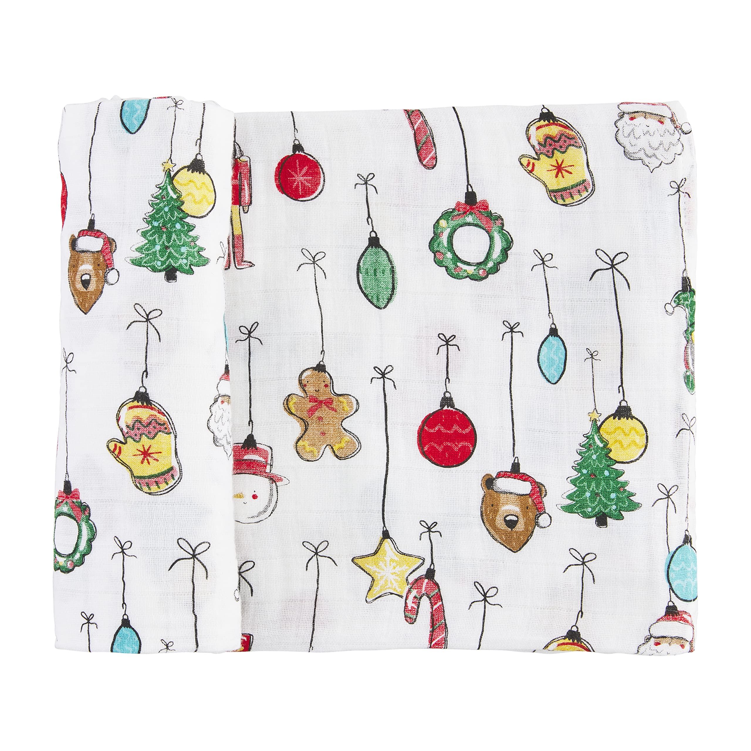 Mud Pie swaddle blanket featuring festive white ornaments; gentle on skin and machine washable.