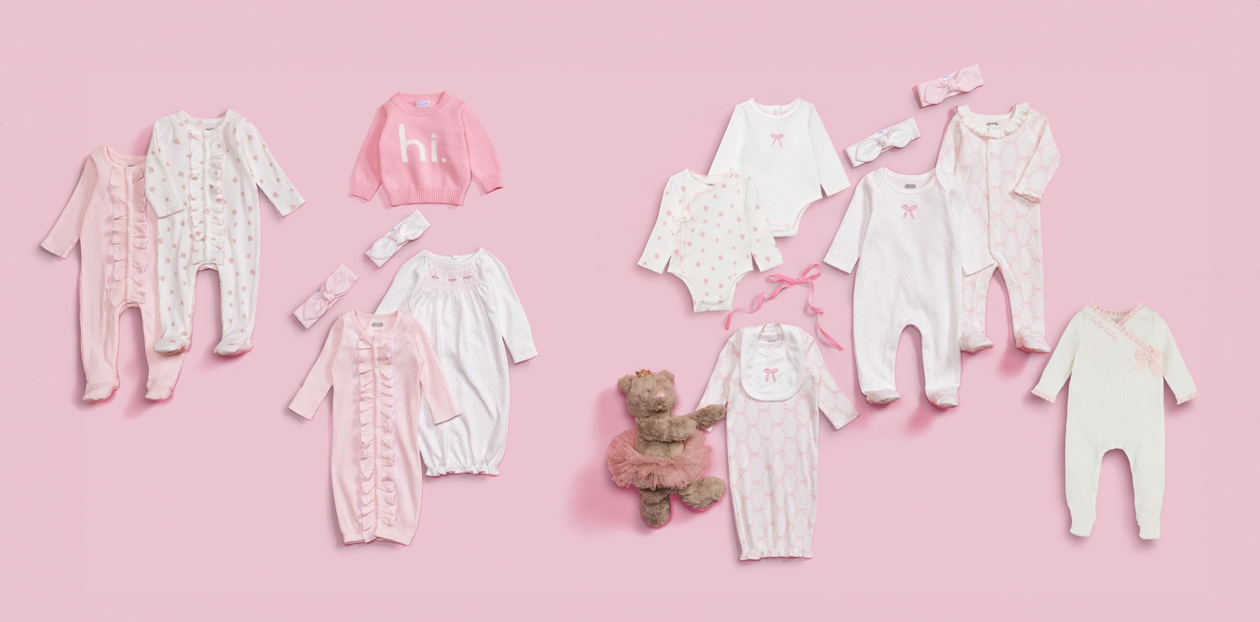 Mud Pie coordinating bow headband with pink sleeper for easy dressing and outfit.