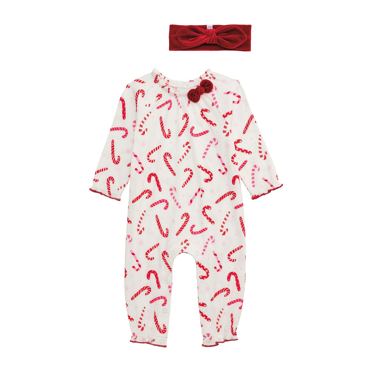 Mud Pie Candy Cane One Piece with allover print and easy diaper snaps