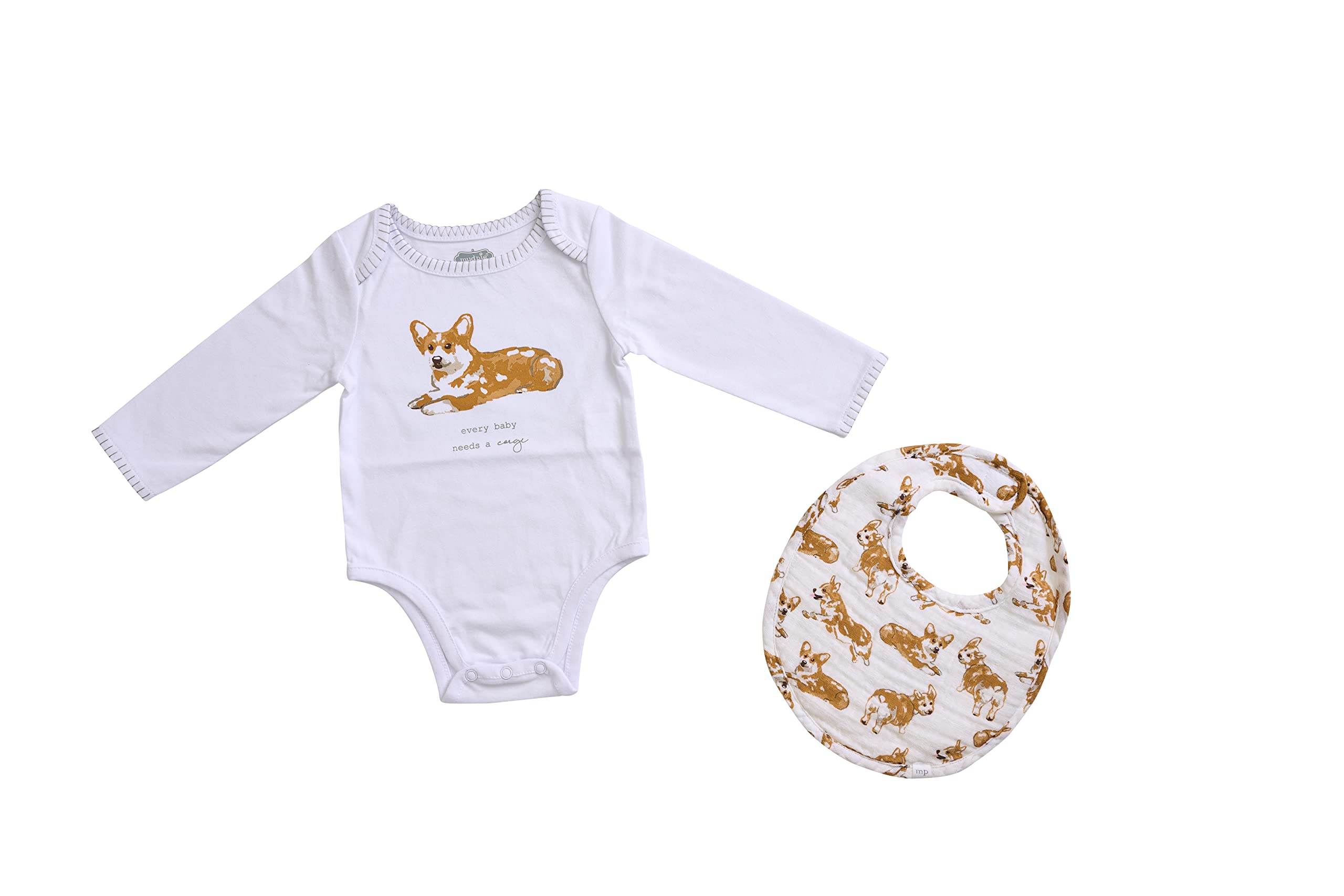 Mud Pie corgi bodysuit front print for all-day baby comfort.